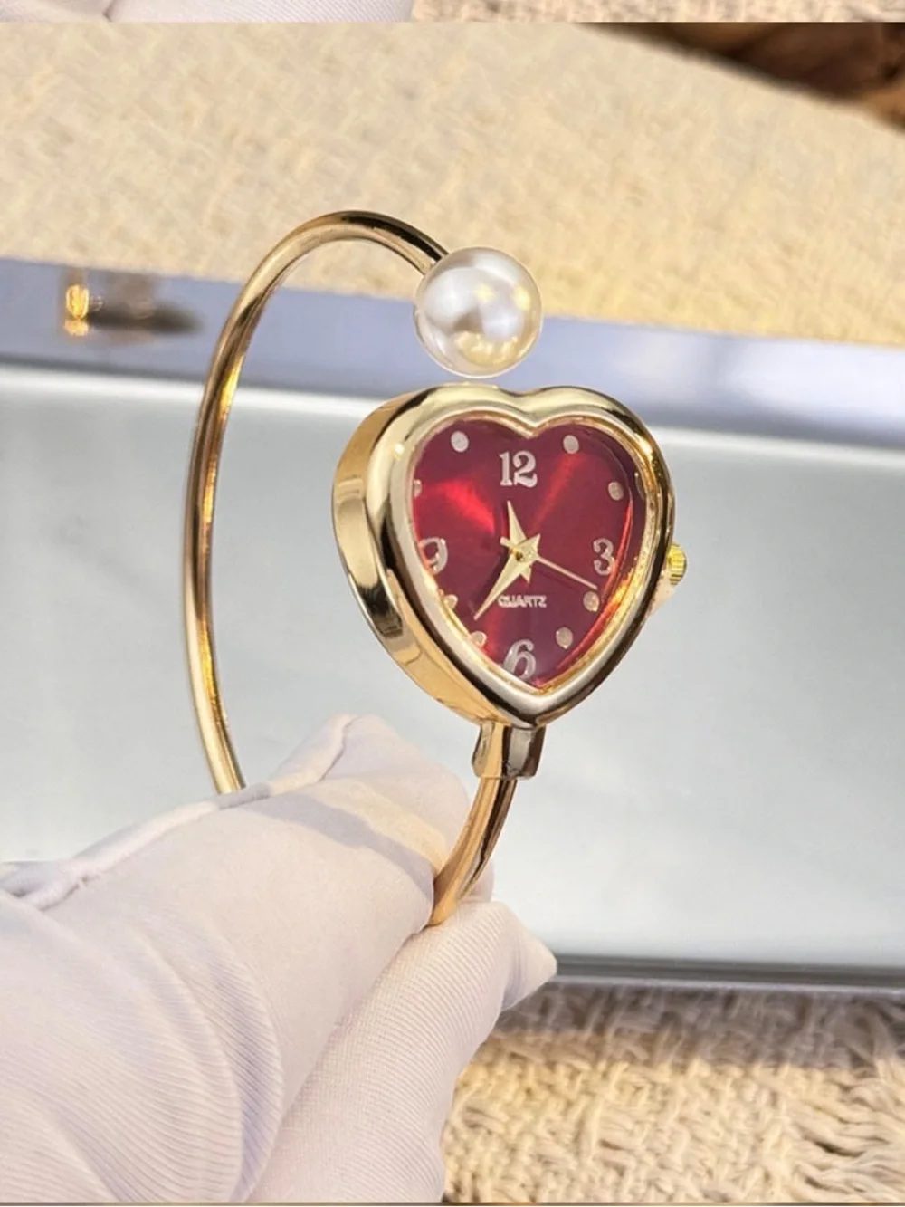 Gold Heart Bangle Watch with Red Dial and Pearl Accent